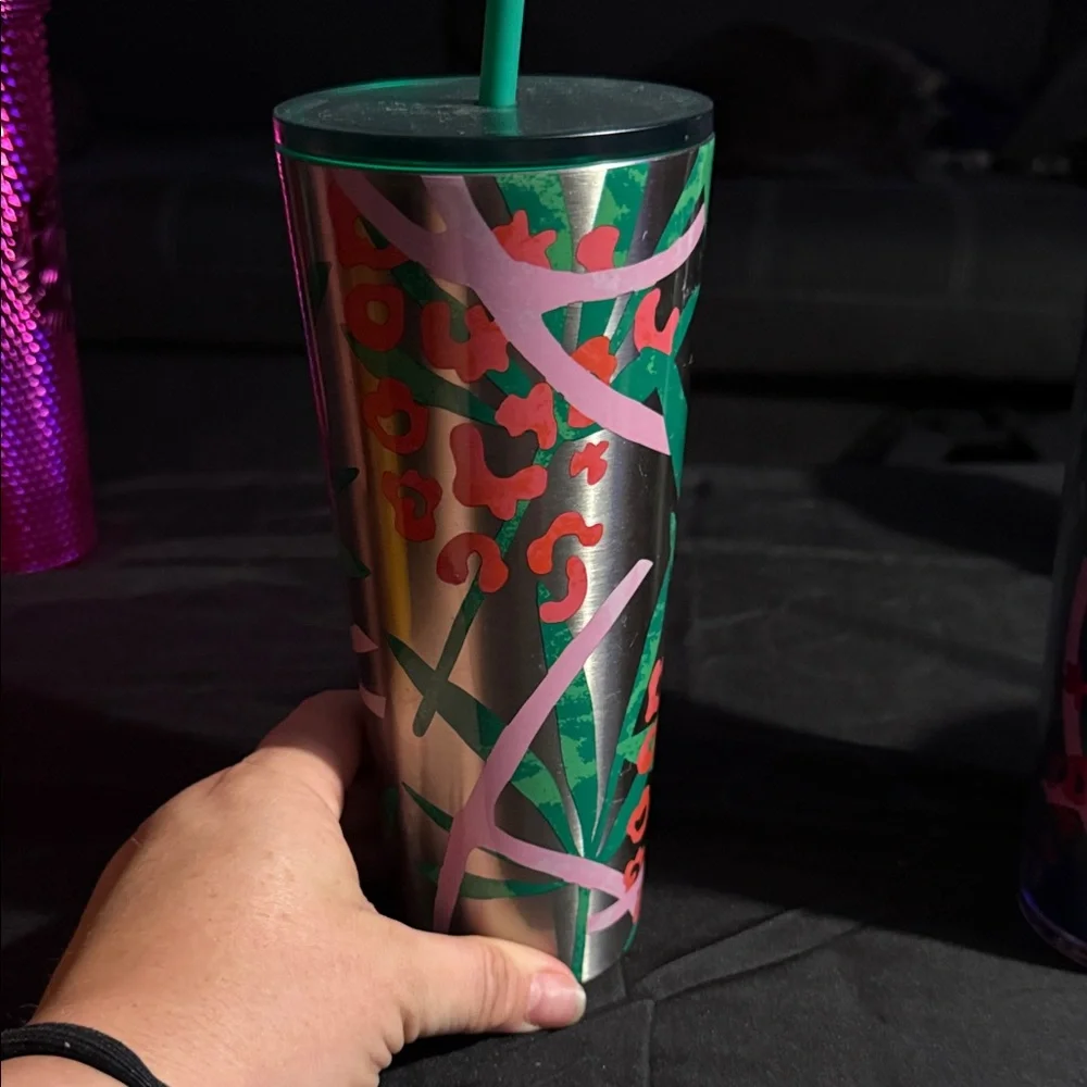 Starbucks Multicolor Floral Pattern Tumbler Set with Green and Red Accents